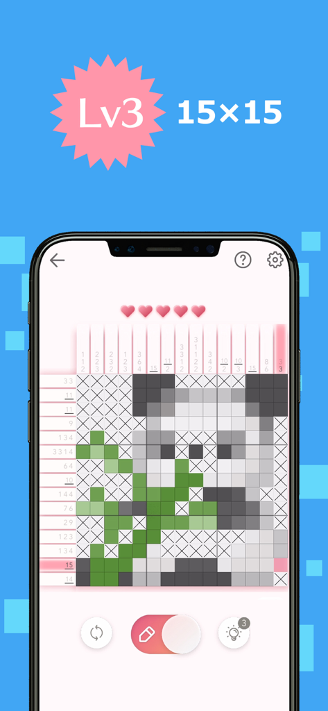 Ein 15x15-Nonogramm-Logikrätselgitter, das eine Panda-Pixelart-Illustration enthüllt.