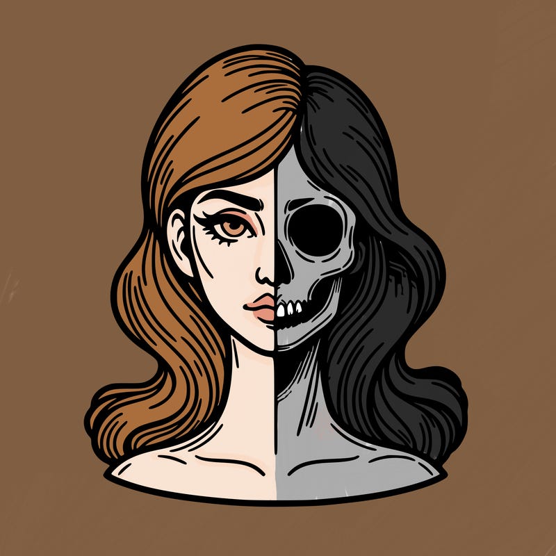 bust of a woman, half face and hair, half skull