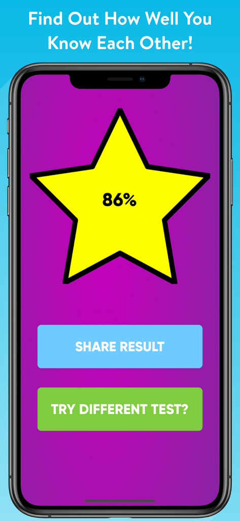 How Well Do You Know Me? - A smartphone screen showing an 86 percent friendship score inside a large yellow star with options to share results or try a different test.
