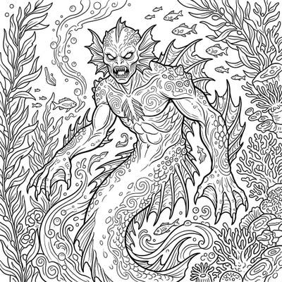 Immerse yourself in the dark beauty of this gilled humanoid coloring page, crafted for adult colorists seeking intricate details and a thrilling challenge. Explore the depths of your creativity as you bring this formidable sea monster to life.