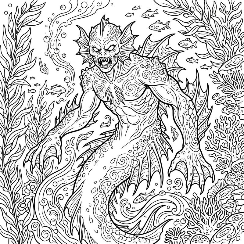 Immerse yourself in the dark beauty of this gilled humanoid coloring page, crafted for adult colorists seeking intricate details and a thrilling challenge. Explore the depths of your creativity as you bring this formidable sea monster to life.