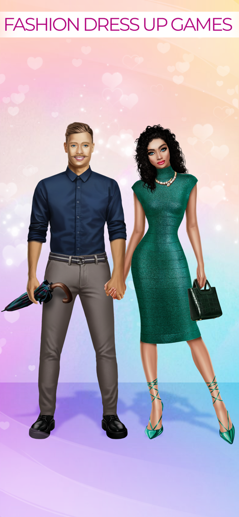 Celebrity Fashion Show Games - Una pareja de celebridades elegantemente vestida de la mano en un juego de vestir de moda