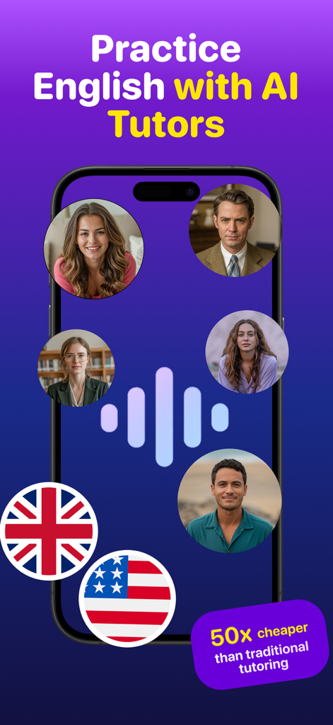 AI Speak English - Practice Me - Interfaz de la aplicación AI Speak English que muestra diversos tutores de IA para practicar inglés americano y británico