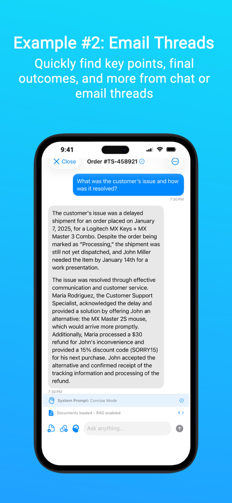 Private AI: Document Chat - Private AI interface summarizing a customer support email thread on an iPhone.