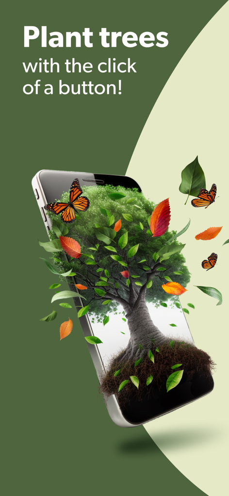 A smartphone with a 3D tree growing out of the screen and butterflies to represent planting trees with a button click