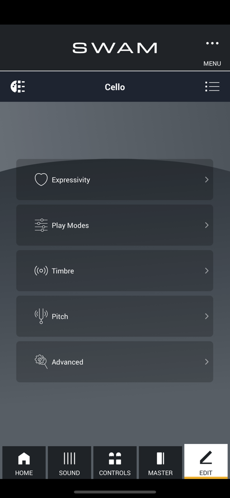 SWAM Cello app edit menu featuring sound customization settings for expressivity, timbre, and pitch
