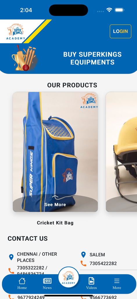 Super Kings Academy - Pantalla de la aplicación Super Kings Academy que muestra equipo de cricket a la venta e información de contacto de la academia