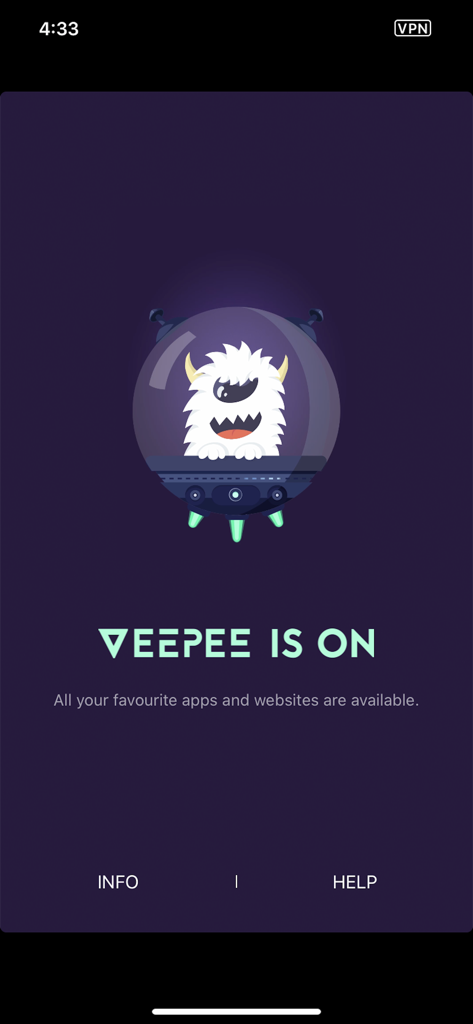 Schermata di connessione attiva di VeePee VPN che mostra un mostro bianco peloso in un UFO con il testo VeePee è attivo.