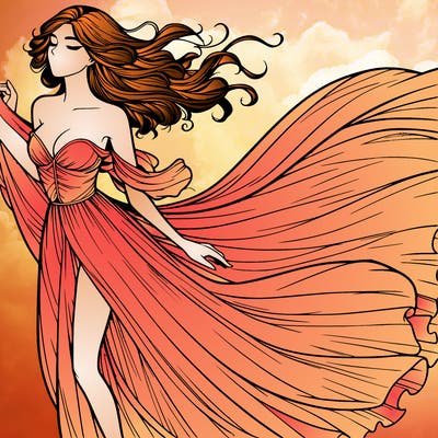 realistic woman in dress flowing the the wind