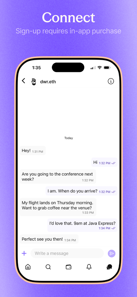 Farcaster - Farcasterアプリのダイレクトメッセージ画面。2人のユーザー間の会話が表示されています。