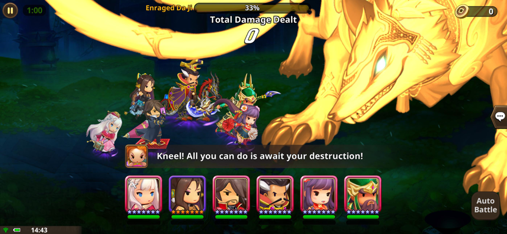 Chibi heroes attacking a giant golden wolf boss in Kingdom Story Brave Legion