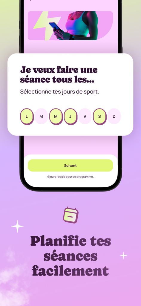 A mobile app interface for scheduling weekly workout sessions with a day selection tool and a next button.