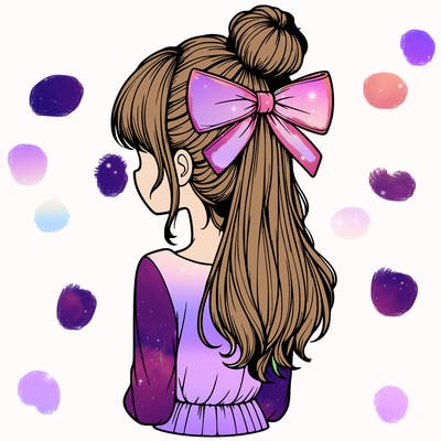 realistic girl  with hip length hair a bun and a big bow on the back of head