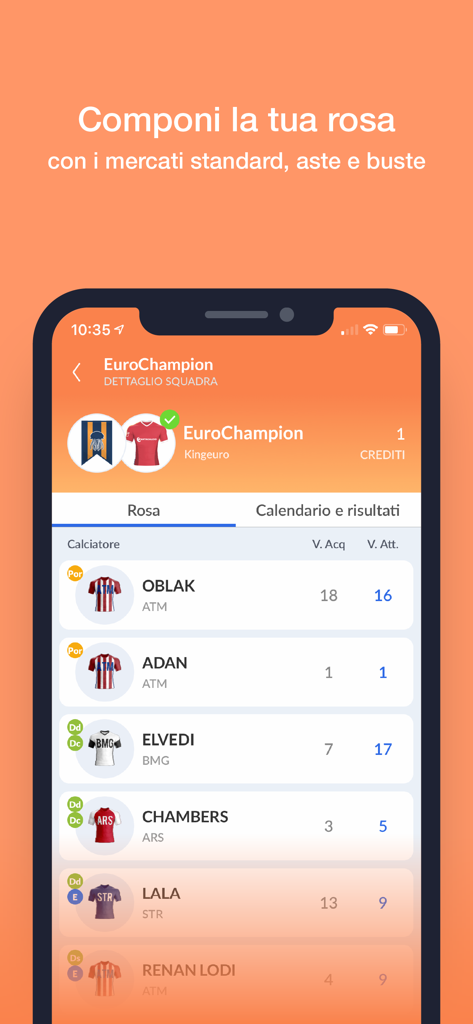 EuroLeghe Fantacalcio app screen showing a fantasy soccer team roster with player values