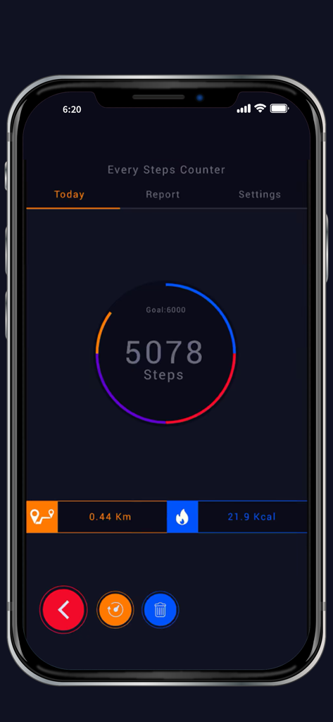 Every Step Counting app interface showing 5078 steps towards a daily goal of 6000 with distance and calories tracked