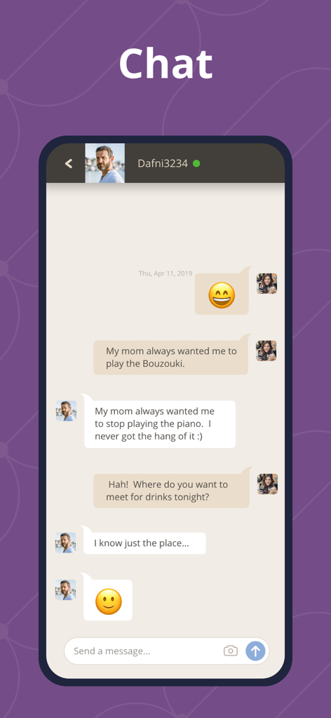 EligibleGreeks - Greek Dating - Chat interface of the EligibleGreeks app showing a conversation between two users about cultural interests