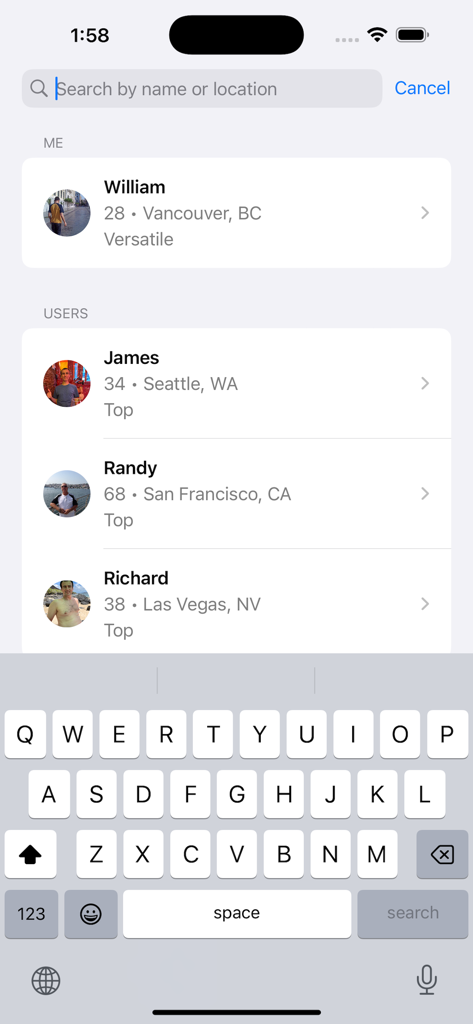 Asian Gay Chat - A search interface on the Asian Gay Chat app showing user profiles and an active keyboard