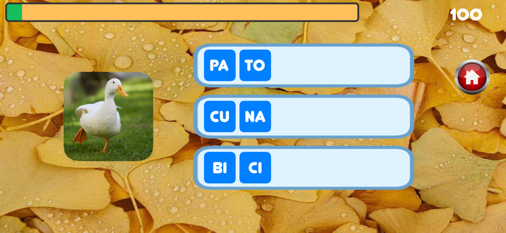 Sílabas y palabras Pro - Interfaz de la aplicación educativa en español que muestra opciones de sílabas para la palabra pato.