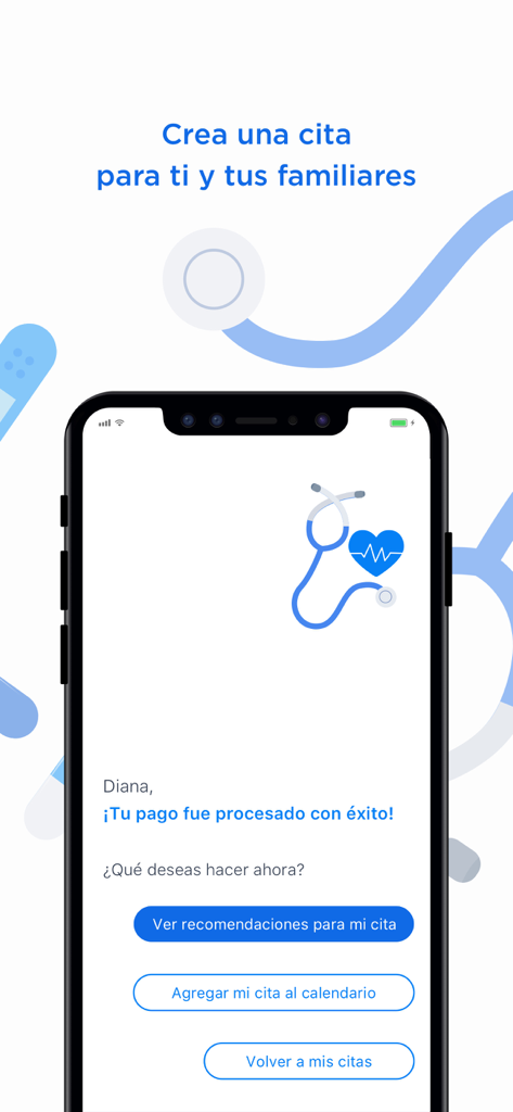 Clínica Anglo Americana - Success screen of the Clinica Anglo Americana app confirming a medical appointment payment with options to add it to the calendar.
