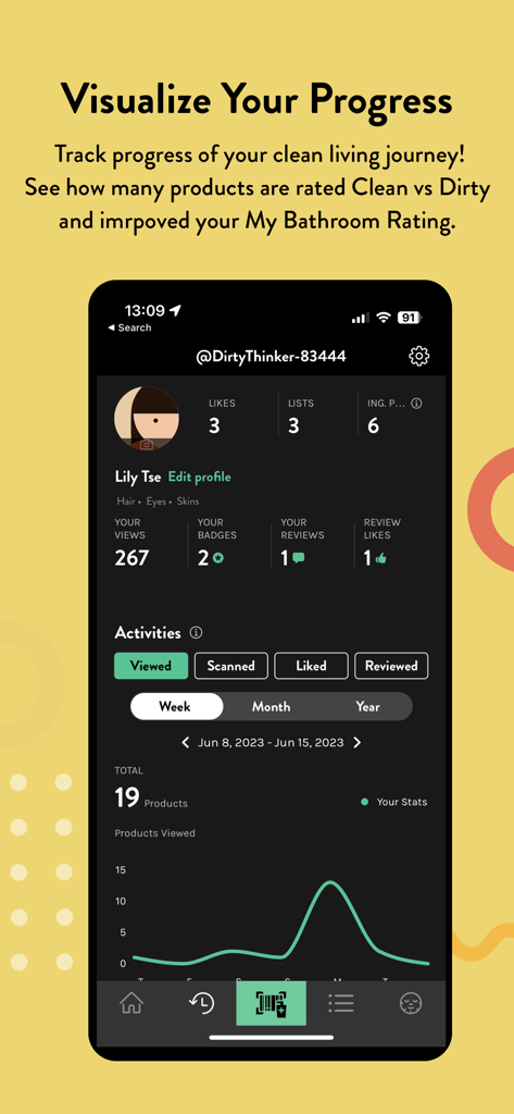 Think Dirty – Shop Clean - User profile screen of the Think Dirty app showing a progress graph of products viewed and clean living statistics