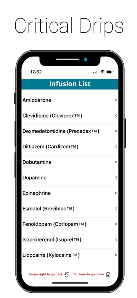 Smartphone screen showing a list of critical medication infusions in the Emergency Manual app.