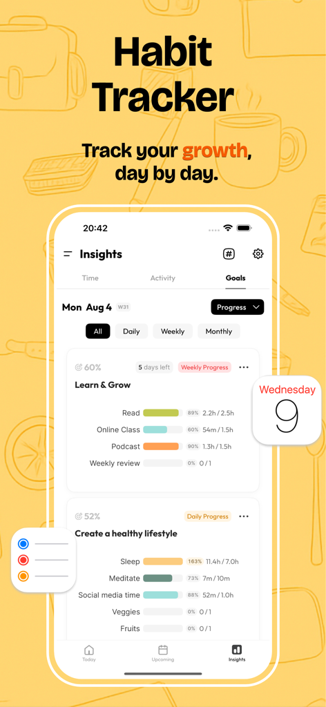 Calflow app habit tracker dashboard showing progress for learning and healthy lifestyle goals.