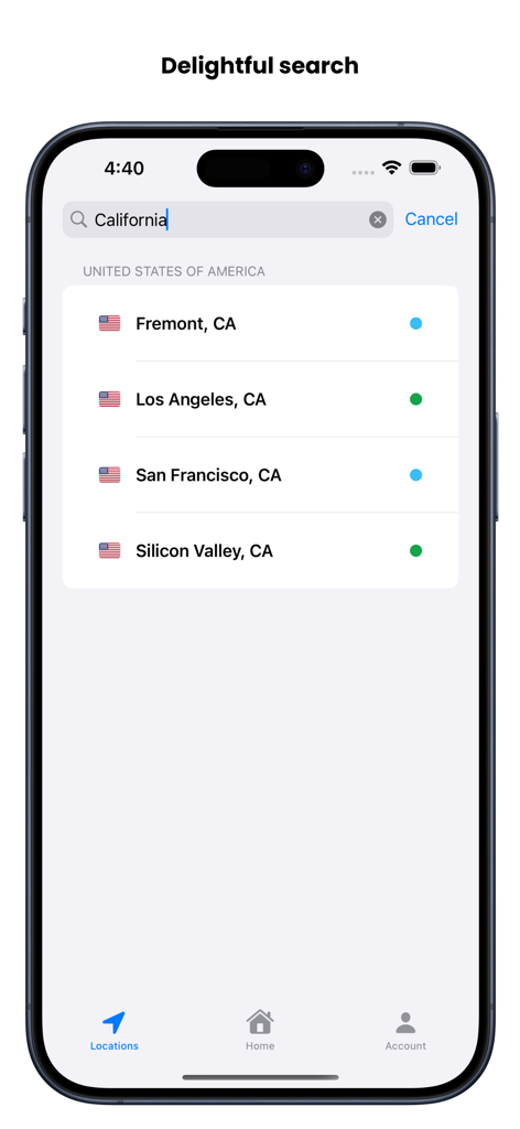 Serverless VPN - UpVPN - UpVPN mobile app interface showing a search for server locations in California including Silicon Valley and San Francisco