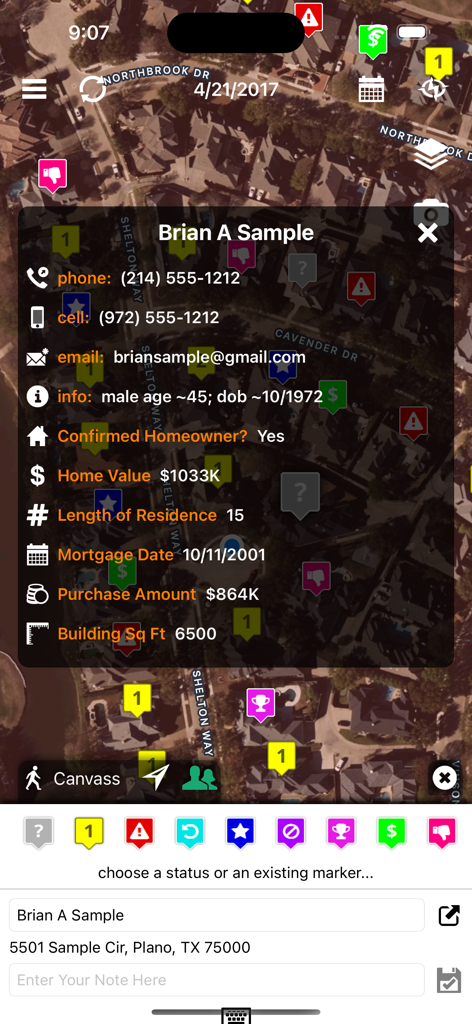 Hail Recon - Hail Recon app interface showing detailed homeowner contact information and property data for storm restoration leads