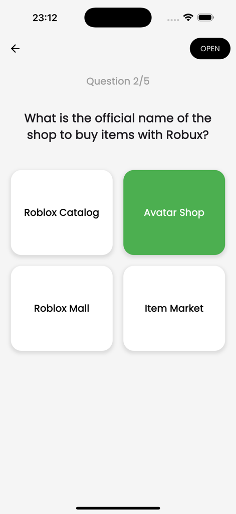 get RBX quiz - A trivia question about the Roblox Avatar Shop in the get RBX quiz app.