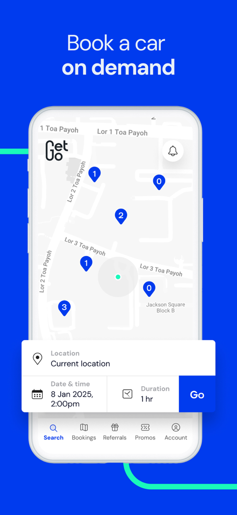 Interfaz de la aplicación GetGo mostrando un mapa con ubicaciones de coches disponibles y un menú de reserva bajo demanda.