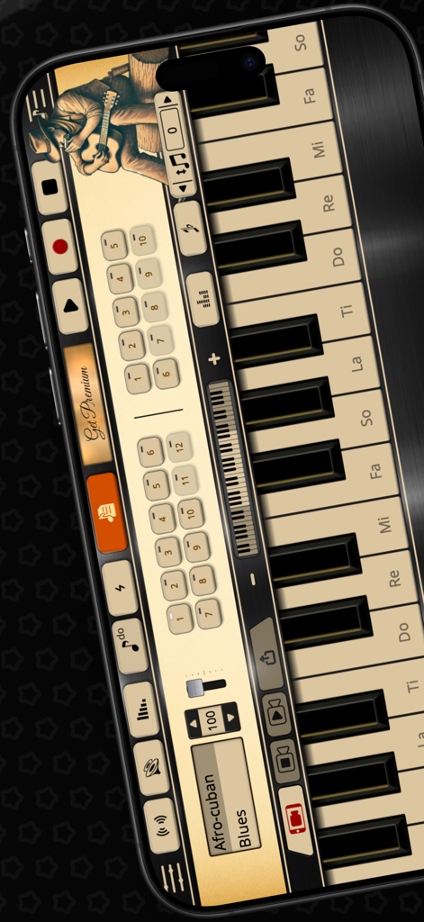 Harmonica Sim - A professional harmonica simulator app interface featuring a musical keyboard and audio control settings.