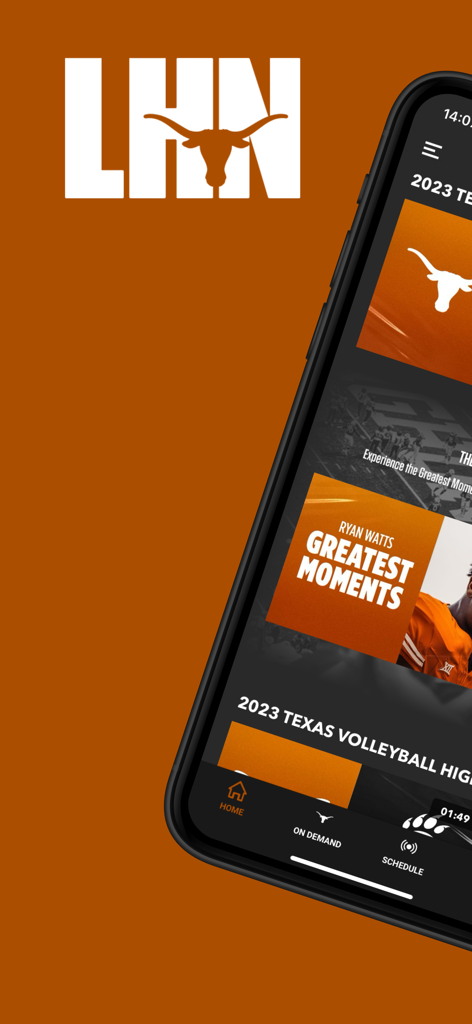 LHN (Longhorn Network) - LHN app interface on a smartphone featuring Texas Longhorn sports highlights and the official burnt orange logo