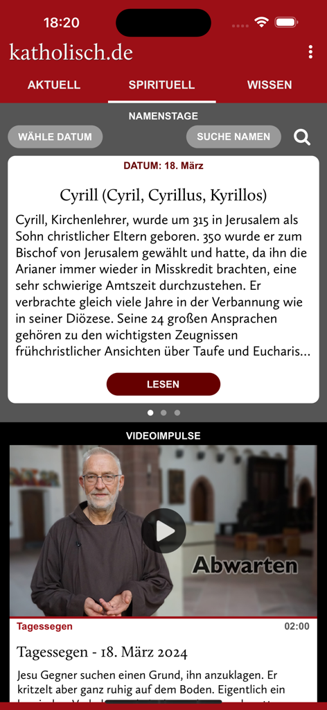 katholisch.de - Captura de tela da seção SPIRITUELL do aplicativo katholisch.de mostrando os nomes do dia e um vídeo para a bênção diária.