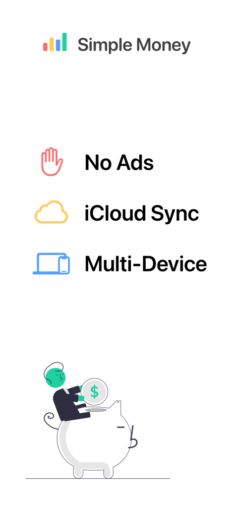 Gráfico que muestra las características de Budget Calendar, que incluyen Sin Anuncios, Sincronización iCloud y Soporte Multi-Dispositivo con una ilustración de una hucha