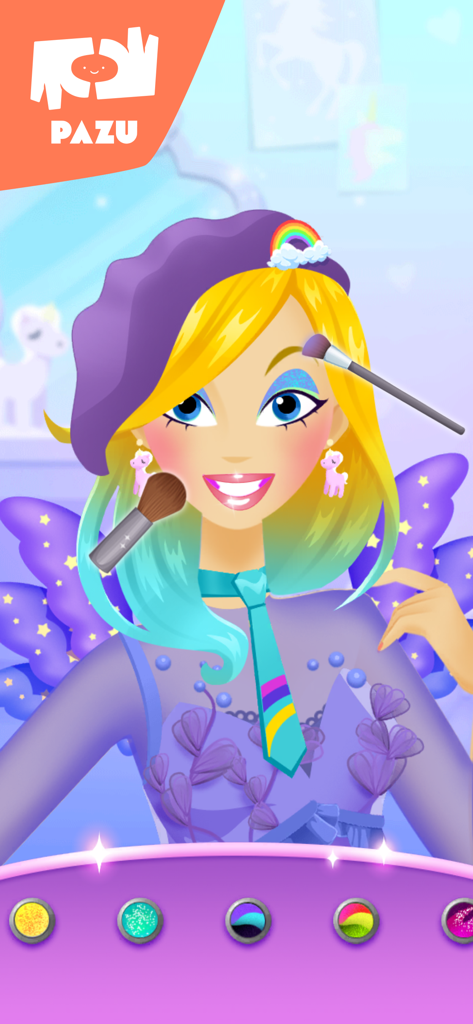 Girl character with unicorn earrings and rainbow hat receiving makeup makeover