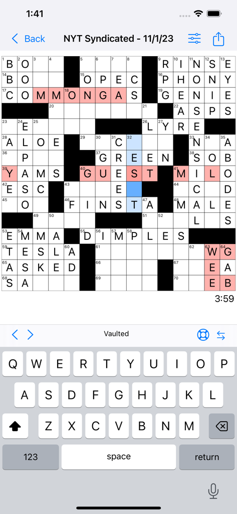 Omni Crosswords - A partially completed NYT Syndicated crossword puzzle on the Omni Crosswords app interface with a mobile keyboard and timer.