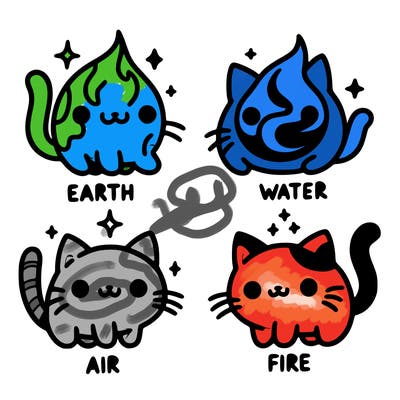 4 cats that represent the different elements, earth, water, air, and fire