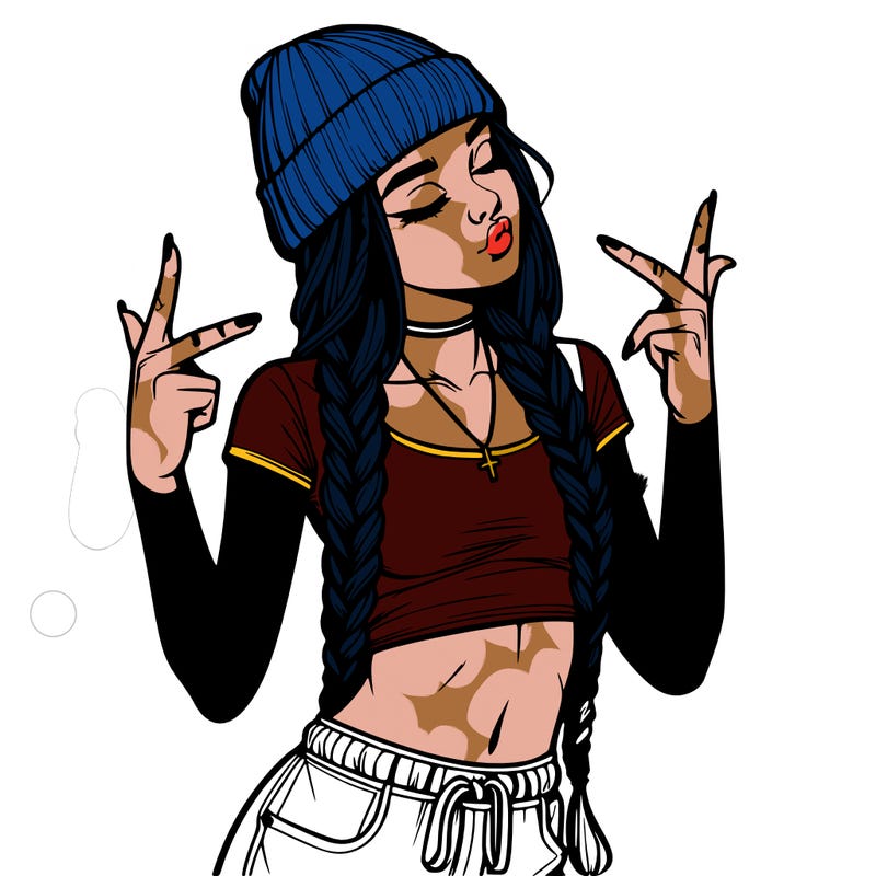 realistic teenage girl with braids and a beanie and crop top doing 🫶🏼