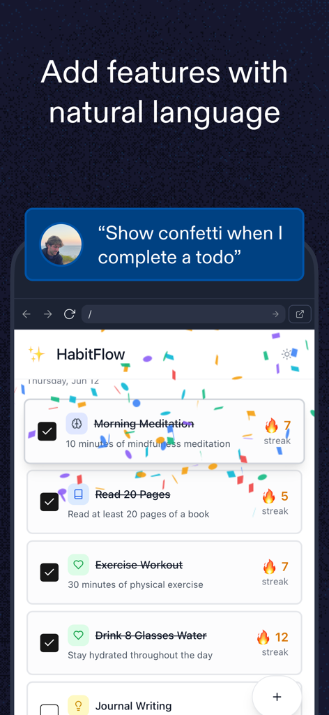 Replit app showing natural language prompts to add features to an app with AI.