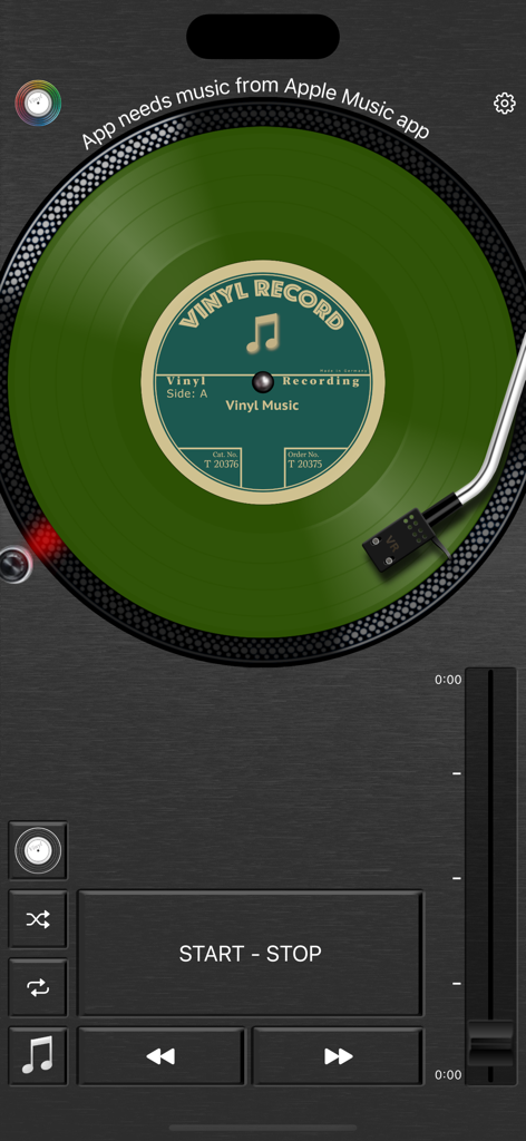 Vinyl Record - Digital interface of a vinyl record player emulator featuring a green record on a turntable with playback controls
