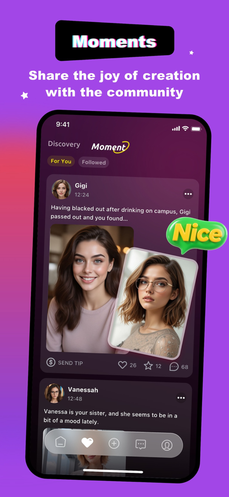 VCharm - your AI love coach - AIキャラクターのGigiとVanessahのソーシャルプロフィールと写真を表示するVCharmアプリのモーメントフィード。