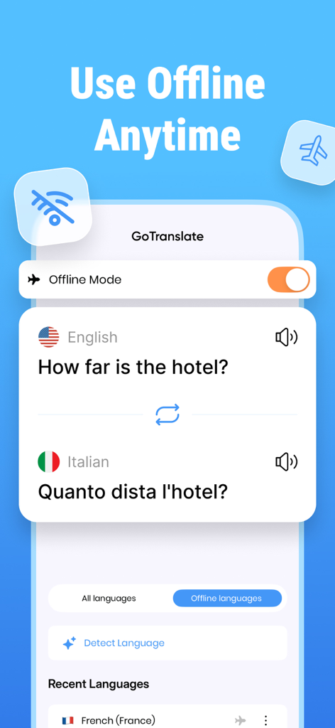 GO Translate: AI Translator - GO Translate app interface showing offline mode translation between English and Italian