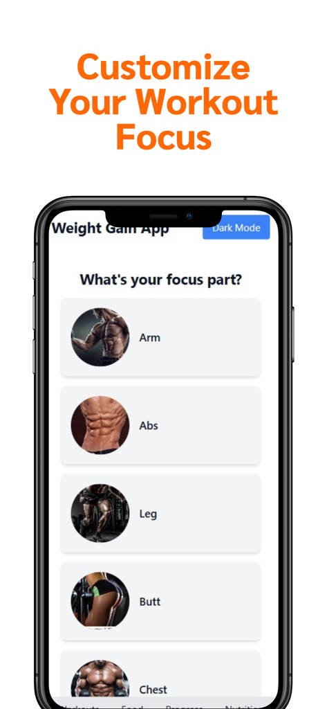 Weight Gain Workouts & Food - Smartphone screen showing muscle group focus selection for home workouts in the Weight Gain App