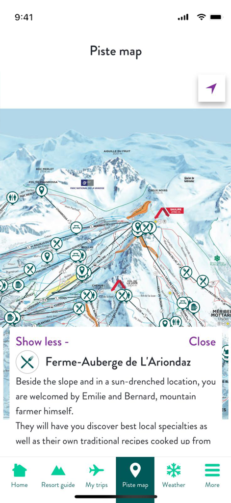 Crystal Ski Explorer - Interactive piste map in the Crystal Ski Explorer app showing mountain points of interest and resort details