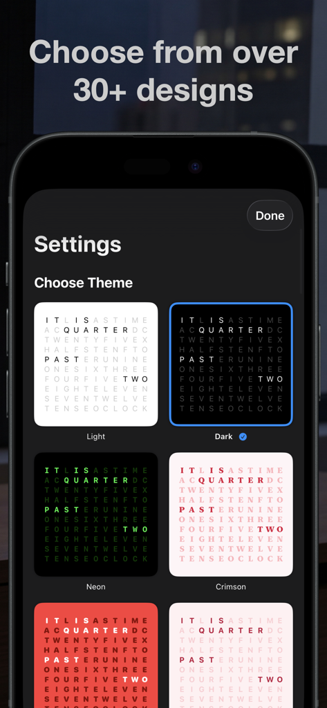 iPhone screen showing the theme selection menu for WordClock Widget with various designs like Light, Dark, Neon, and Crimson.