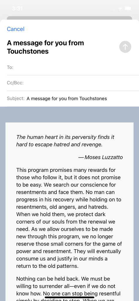 Touchstones - A screen from the Touchstones app showing a daily meditation message about recovery and conscience ready to be shared via email or text