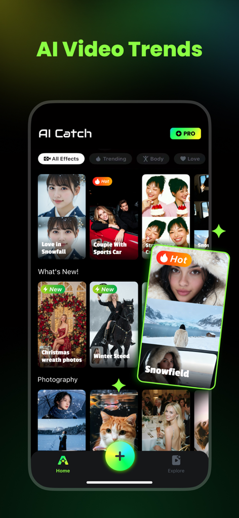 AI Catch: AI Video Generator - AI Catch app interface showing trending AI video templates and creative effects