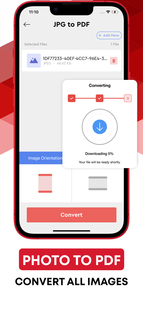 Convert PDF to Word. - Mobile app screen showing the process of converting a JPG photo to a PDF file.