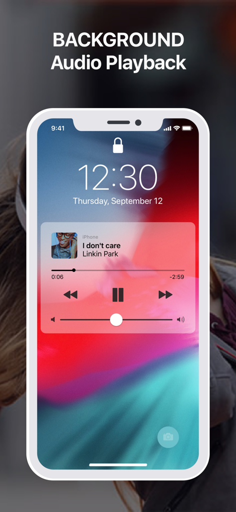 iMusic Video Player Offline - iPhone lock screen displaying the background audio playback feature of the iMusic app while playing a song.