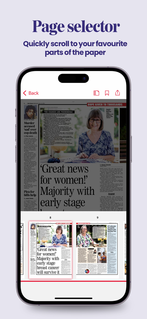 Pantalla de iPhone que muestra la función de selector de página para navegar a través de diferentes páginas de la aplicación de periódico Daily Express.